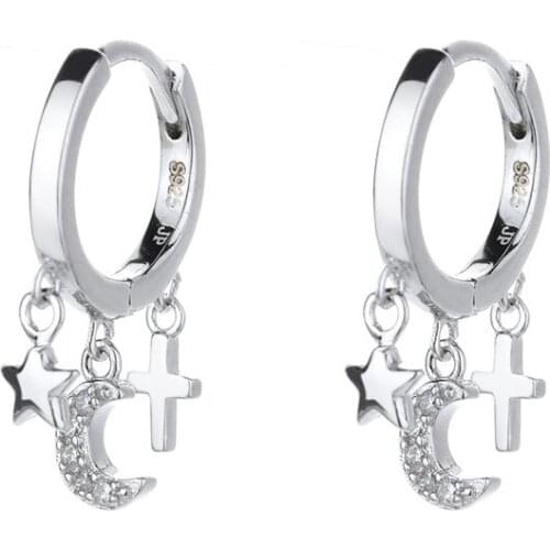 925 Sterling Silver Zircon Star Cross Moon Tassel Drop Earring For Women Girls Party Fashion New Jewelry Accessories eh1156