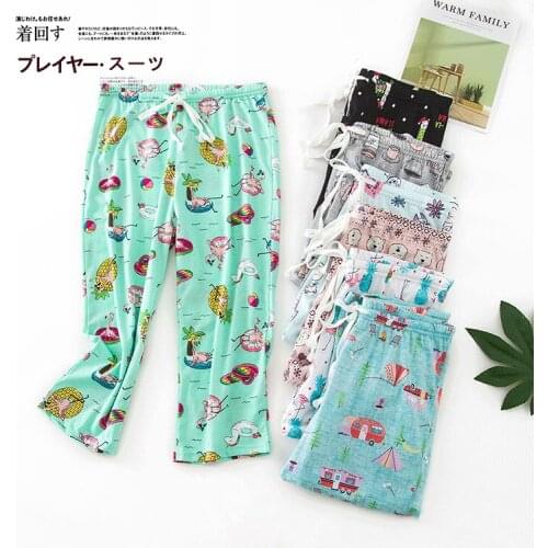 Summer women fashion loose multi-color cartoon print thin lounge pants female trendy drawstring wasit sleepwear cotton bottom