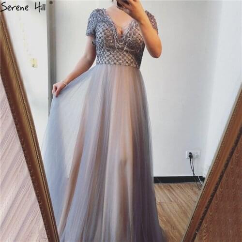 Dubai Grey V-Neck Sexy A-Line Prom Dresses 2020 Short Sleeves Beading Sequins Prom Gowns Real Photo LA70262
