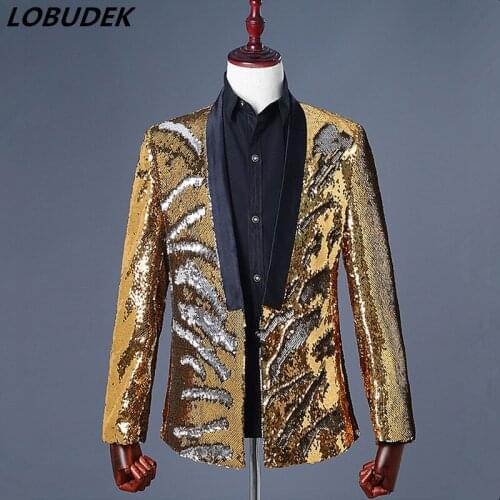 Double Color Flipping Sequins Jacket Blazer Coat Novelty Gold Silver Outerwear Men Costume Prom Nightclub Singer Host Stage Wear