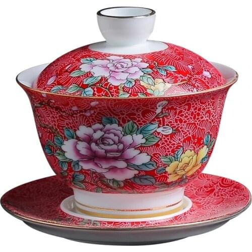 Enamel Color Ceramic Gaiwan Chinese Porcelain Sancai Tea Bowl Serving Tea Cup and Saucer Set 150ml Jingdezhen Tea Cup Set NEW