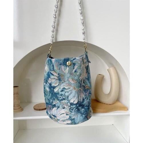 Oil painting cloth bucket bag irregular pearl chain purse French retro armpit shoulder bag 01-SB-yhstbl