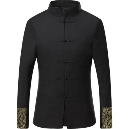 Retro Tang Suit Chinese Traditional Clothes Golden Dragon Embroidery Oriental Button Design Suit Jackets Mens Tunic Wedding Suit