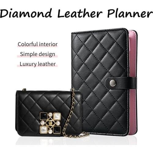 Diamond Check Leather Cover Notebooks,Black Ring Binder Pocket Refillable Journal Diary Planner Kawaii Agenda Organizer A6