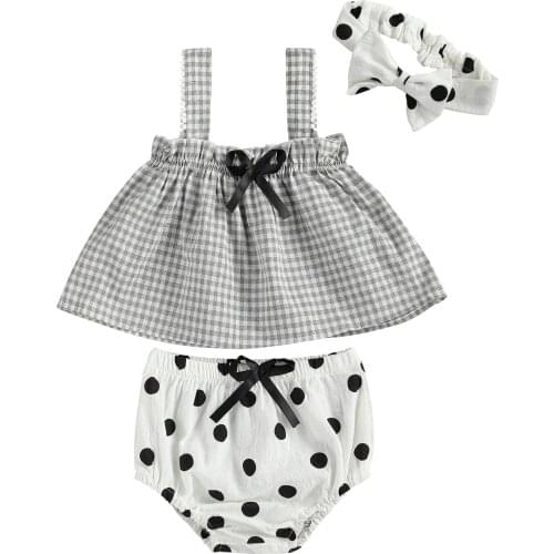 Summer Baby Outfits Girls Plaid Square Collar Sleeveless Tank Tops+Dot Elastic Waist Shorts+Hairband 3Pcs Toddler Clothes Sets
