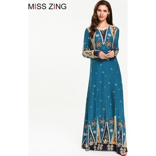 Miss Zing Women Muslim Abaya Print Flower Full Dress Maxi Skirt Kimono Loose Robe Gowns Clothing Middle East Islamic Prayer New