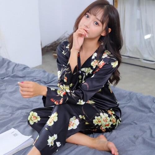 New Spring Satin Floral Pajamas Set Women Long Sleeve Turn-down Collar Tops Long Pants Nightgown Summer Elegant Ladies Homewear