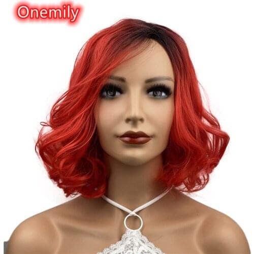 Onemily Medium Length Wavy Wave Curly Heat Resistant Synthetic Hair Wigs for Women Girls Party Evening Out Red with Dark Roots