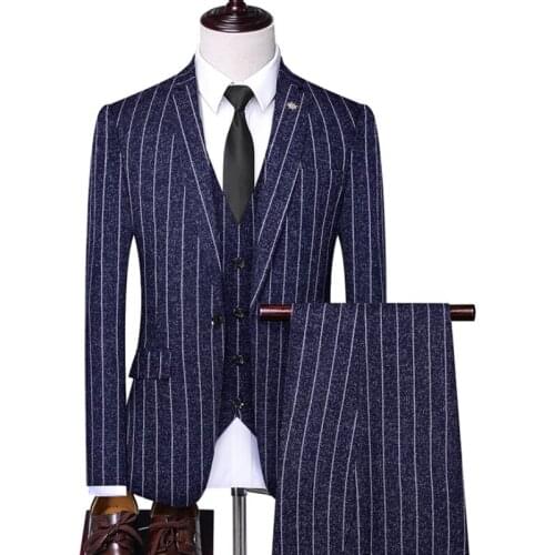 Jacket + Vest + Pants ) Men Wedding Suit Blazers Vertical Striped Flax Slim Fit Suits for Mens Costume Business Formal Party