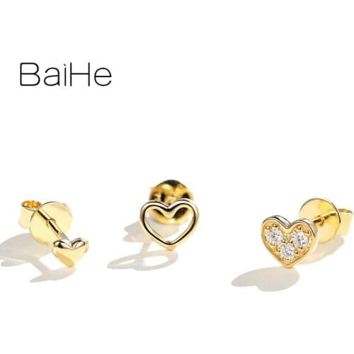 BAIHE Solid 14K Yellow Gold Total 0.05ct Round Natural Diamonds Wedding Trendy Fine Jewelry Heart Stud earrings for Women