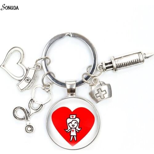 New Nurse Medical Syringe Stethoscope Image Keychain Charms Holder Glass Cabochon Key Chains Key Rings for Car Bag Jewelry Gifts