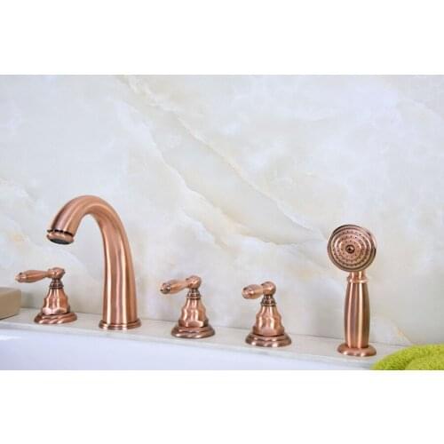 Antique Red Copper Brass Deck 5 Holes Bathtub Mixer Faucet Handheld Shower Widespread Bathroom Faucet Set Basin Water Tap atf235
