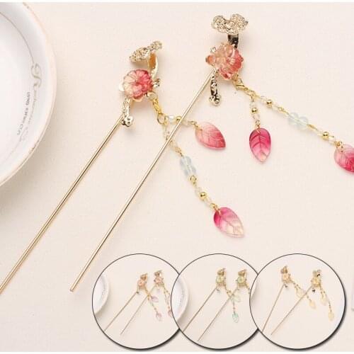 Flower Hair Forks Retro Long Tassel Hairpins Clip Maple Leaf Hair Stick Pearl Bead Step Shake Chinese Wedding Bride Headpieces