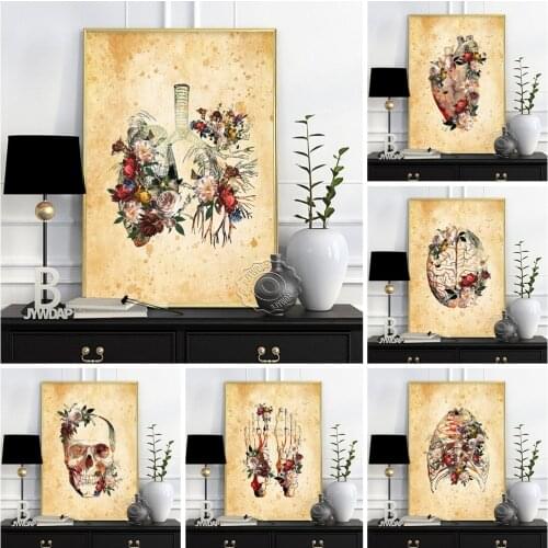 Vintage Flowers Colorful Sketch Skeleton Retro Poster, Human Anatomy Education Illustration Art Prints, Medicine Gift Wall Decor