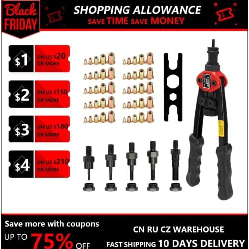 BT 606 Hand Rivet Nut Riveter Set Double Insert Manual Rivet Machine Riveting Tools with 50 Nuts 5 Heads of M3, M4, M5, M6, M8