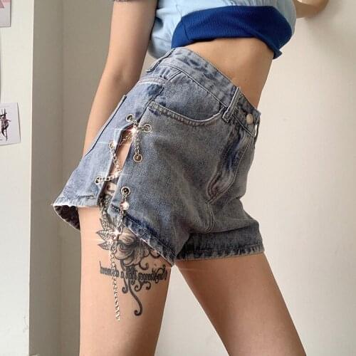 LIBERJOG Women Denim Shorts Light Blue Sexy Hollow Out Chain Short Jeans Female Casual Straight Mini Shorts Summer
