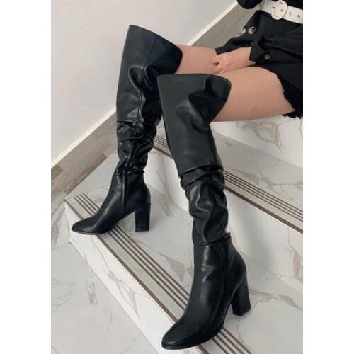 Moraima Snc Round Toe Woman Long Boots Black Leather Thick Heels Thigh High Boots Fashion High Heel Over the Knee Boots Brown