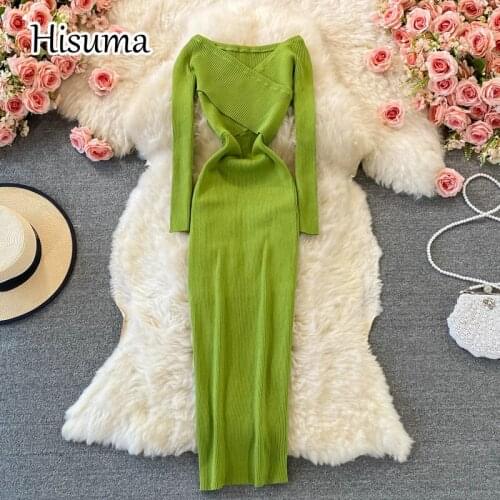 2021 autumn new womens chic V-neck long sleeve waist knitted sheath dresses female retro slim sweater dress