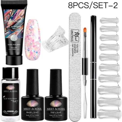 15ml Acrylic Glitter Quick Building Nail Extension UV Gel Set Kit Base Top Coat Gel Nail Brush File Slip Solution Nail Art Tools