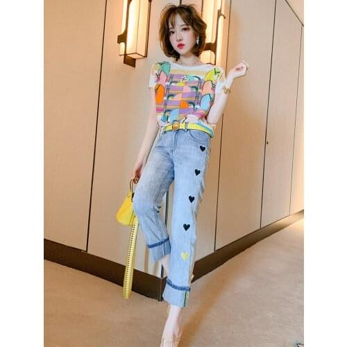 Top Quality Cartoon printing T Compassionate+Heart embroidery high waist straight jeans set summer new