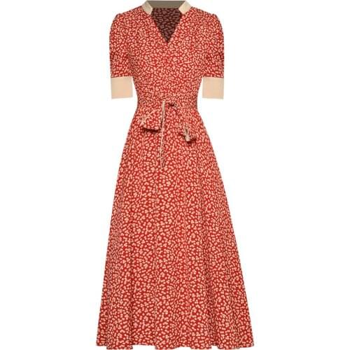 Janeyiren Fashion Designer Summer New Midi Women V-Neck Short Sleeve Floral Print Belt Elegant Party Dress