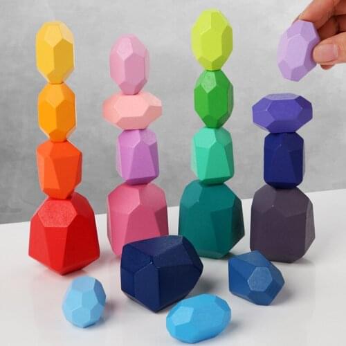 New Childrens Wooden Colored Stone Jenga Building Block Educational Toy Creative Nordic Style Stacking Game Rainbow Toy Gift