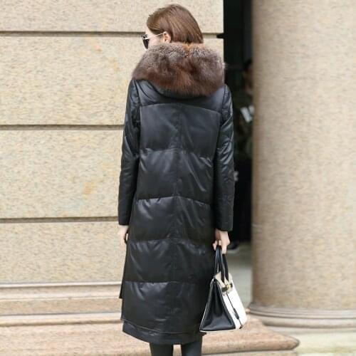 Leather Jacket Winter Coat Women Fox Fur Collar Down Jacket Women Real Sheepskin Coat Female Long Coats Manteau Femme MY