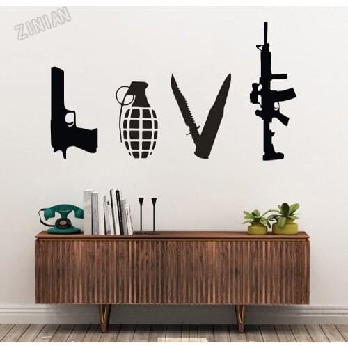 Love WordsWall Decals Weapons Combination Gun Knife Bomb Rifle Wall Stickers Vinyl Living Room Home Decoration Murals Y240