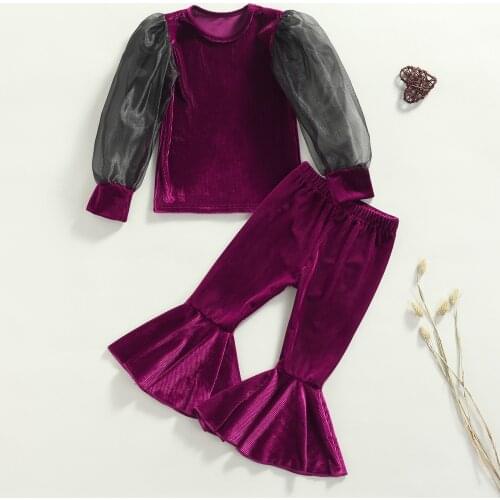 Autumn New 2Pcs Kids Outfits Stitching Mesh Bubble Sleeve Tops + Solid Color Bell-Bottoms for Girls 1-5 Years