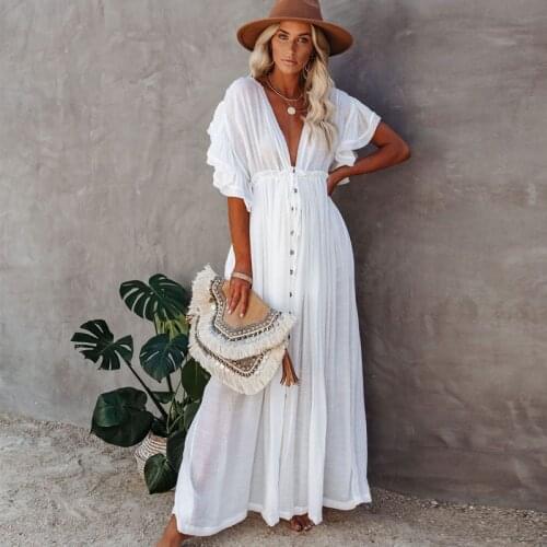 Sexy Deep V Neck Maxi Dress Women Backless White Cotton Boho Dresses Summer Ruffles 2020 Casual Beach Bikini Cover Up