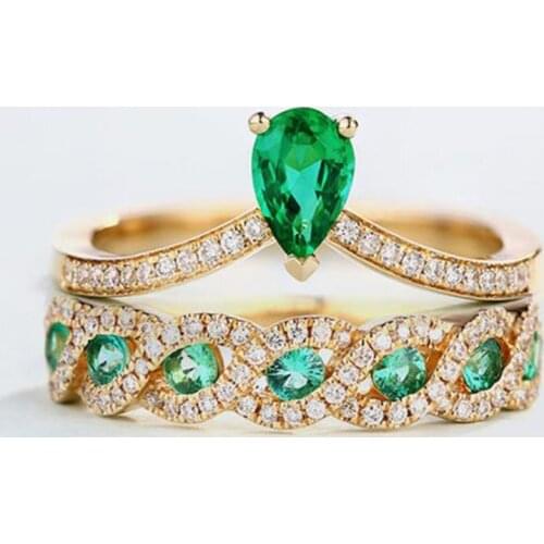 Luxury Women Crown Jewelry set Fashion Pear Cut Green Crystal Stone Engagement Rings Set Women Party Wedding Jewelry Accessories