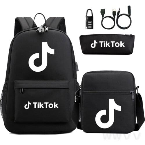 TIK TOK Print Mochila Bag USB Backpack Boys Girls School Bag Travel Bag Laptop Bagpack with Crossbody Pen Bags
