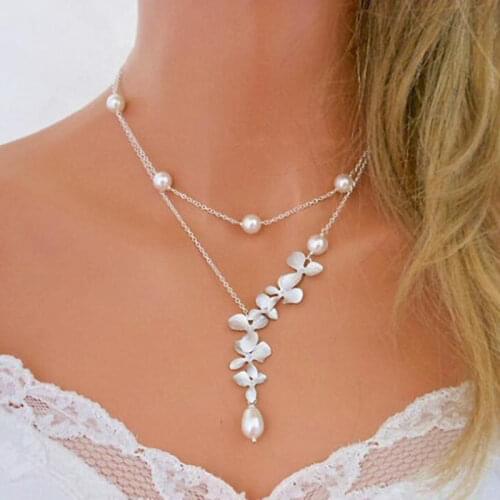 Bridal Jewelry White Pearl Silver Plated Metal Flower Choker Pendant Double Layered Neck Chains Fashion Necklace for Women Girl