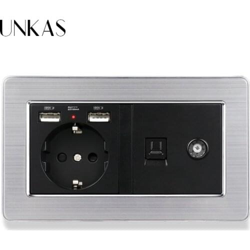 UNKAS Black Stainless Steel Panel EU Standard Wall Socket with 2 USB Charge Port + Female TV Connector and RJ45 Internet Jack