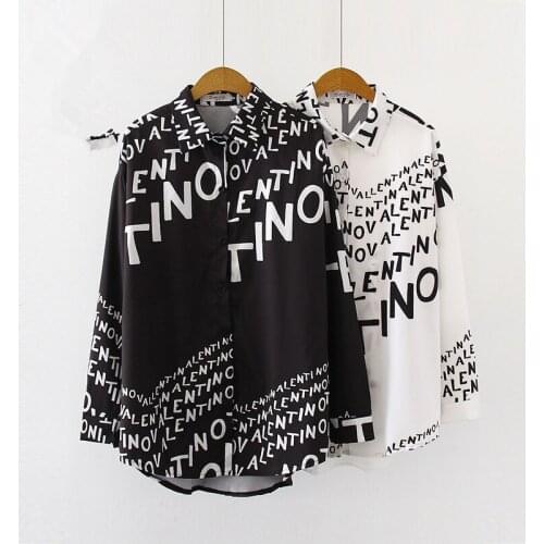 Fashion Letter Print Black Shirts Turn-down Collar White Chiffon Blouse Button Up Casual Loose Cardigans Women Blusa Streetwear
