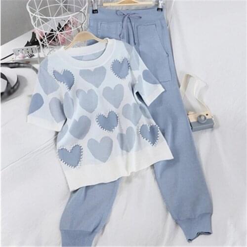 Summer Sweet Mind Pattern Knitted Women Two Piece Set Short Sleeve O-neck Pearls Pullover Tops + Leisure Haren Pants Suit