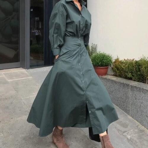 New arrival 2021 spring fashion puff sleeve lapel dress women high waist single breasted shirt dress