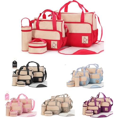 5Pcs/Set Fashion Diaper Bag Mummy Stroller Bag Large Capacity Handbag Nappy Changing Pad for Baby Care with 8 Colors