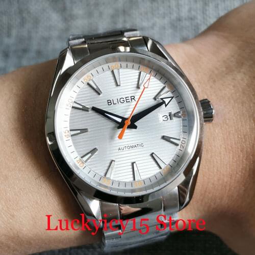 BLIGER Business 40mm White Automatic Men Watch 24 Jewels NH35A Screwdown Crown Steel Bracelet Date Seeing Glass Back