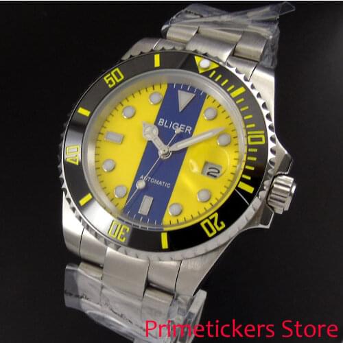 BLIGER 40mm yellow blue dial ceramic bezel luminous sapphire glass automatic movement watch