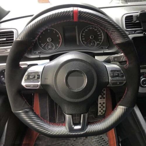 Car Steering Wheel Cover Hand-Stitched Black Genuine Leather Suede For Volkswagen Golf 6 GTI MK6/ Scirocco R