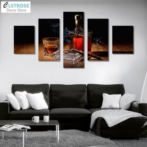 CLSTROSE 5 Pieces Red Wine Cigar Canvas Painting Print Picture Wall Art Posters and Prints Home Decor Living Room Restaurant