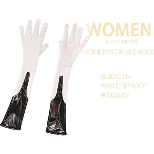 Wet Look Faux Leather PVC Shiny Long Gloves White Black Contrast Patchwork Cosplay Performace Guantes Luvas Gothic Handschuhe