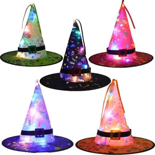 5PCS Halloween LED Lighted Witch Hat Headwear Cosplay Party Props Luminous Witch Hat Hanging Decoration For Home Tree Garden
