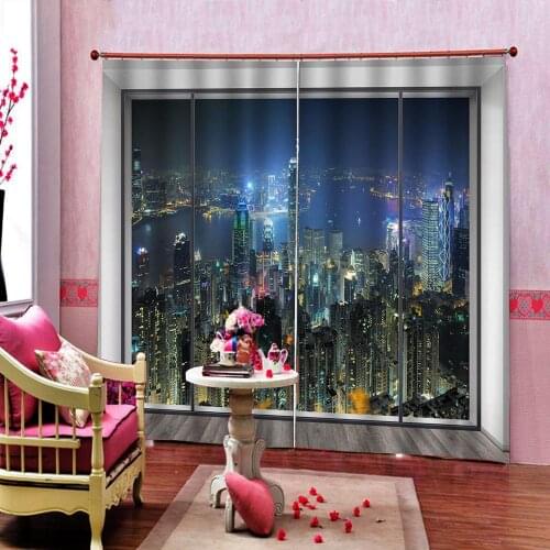 Left and Right Side) City Night Scenery 3D Window Curtain Beautiful Photo Curtains For Bedroom Blackout Shade Drapes Decor