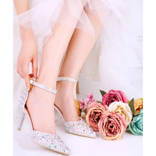 Fashion Women wedding shoes Summer Female Party Sandals Bling crystal ankle strap shoes woman Fashion Pointed toe High shoes
