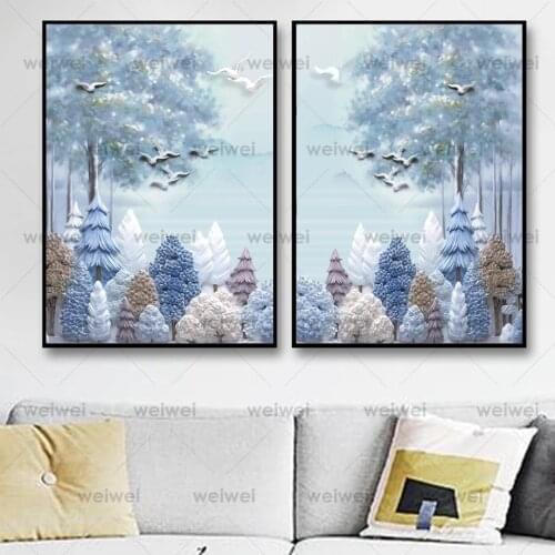 Forest Tree Mountain Bird Deer 3D Wall Art Canvas Painting Nordic Posters and Prints Wall Pictures for Living Room Home Decor