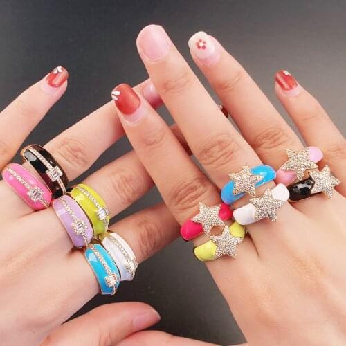 Neon Enamel Shiny Star Zircon Open Ring For Women,Copper Gold Plated Chunky Finger ring Engagement wedding jewelry Gift