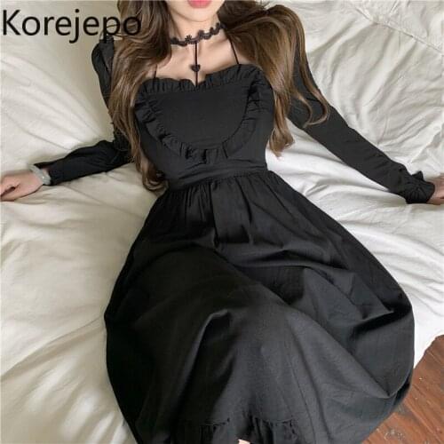 Korejepo Women Dress 2021 Spring Autumn French Vintage Sexy Black Waist Square Collar Long Sleeve Temperament Long Dress Female