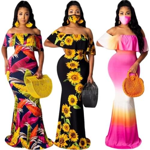Sexy off Shoulder Party Long Dress Women Fashion Printed Slash Neck Sundresses with Mask Evening Party Clubwear Summer Dresses